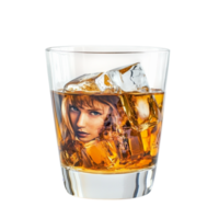 Whiskey glass filled with amber liquid and ice cubes featuring a reflection of a womans face representing sophistication indulgence and the deep rich flavors of aged spirits enjoyed worldwide png