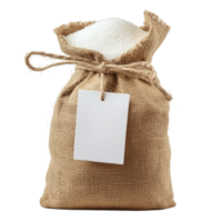 Burlap sack tied securely with a simple string and a blank label attached representing storage sustainability and the rustic charm of traditional packaging used for grains and natural goods png