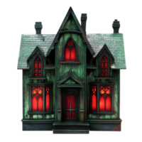 Spooky haunted house with glowing red windows and dark green walls stands eerily with a mysterious and chilling presence at night png