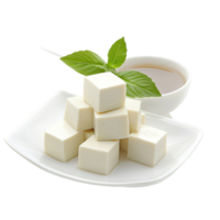 Cubes of soft white tofu garnished with fresh basil leaves offer a healthy plantbased option png
