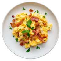 Fluffy scrambled eggs mixed with crispy bacon and fresh herbs create a rich and savory dish making it a hearty and satisfying breakfast choice png