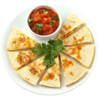 Golden crispy quesadilla slices served with fresh salsa and cilantro make a mouthwatering dish bringing together bold flavors and a satisfying crunch png
