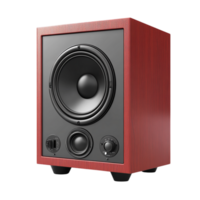 Wooden speaker with a large central woofer and control knobs delivering powerful audio clarity deep bass and a stylish addition to any sound system setup png