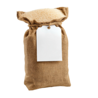 Neatly tied burlap sack with a blank label symbolizing simplicity and the traditional charm of rustic packaging png