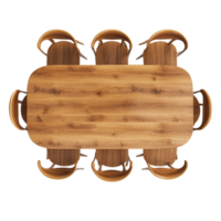 Wooden dining table set with six matching chairs placed neatly to create a warm and inviting space for shared meals png