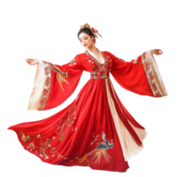 Graceful woman in a traditional red Chinese dress with flowing sleeves and golden embroidery performing an elegant dance png