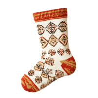Pair of knitted wool socks with intricate red and white patterns designed to provide warmth and a festive winter look png
