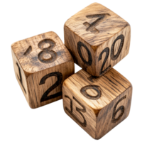 Set of wooden dice with engraved numbers and a rustic appearance making them ideal for tabletop games and roleplaying adventures png