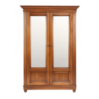 Tall wooden wardrobe with mirrored doors and a polished finish offering plenty of storage space for clothes and accessories png