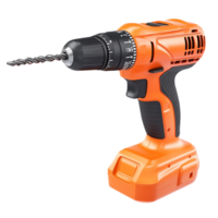Orange cordless power drill with a sturdy grip and a sharp drill bit attached making it a useful tool for any handyman png