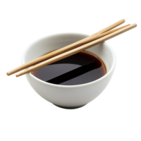 White bowl filled with dark soy sauce accompanied by a pair of wooden chopsticks resting gently on the rim png