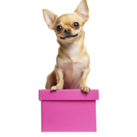 Tiny chihuahua sitting inside a pink box with its ears perked up and its big round eyes staring curiously at something png