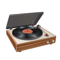 Wooden record player with an open lid spinning a black vinyl disc and playing nostalgic music with a rich warm sound png