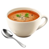 Steaming bowl of tomato soup garnished with fresh herbs and served with a spoon creating a comforting and flavorful meal png