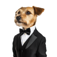 Dog wearing a black tuxedo with a white shirt and a bow tie looking classy and elegant as if ready for a fancy event png