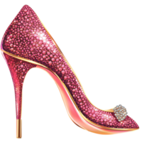 Sparkling pink highheeled shoe covered in glitter with a pointed toe and a decorative jewel on the front png