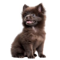 Fluffy black puppy sitting with its tongue slightly out and its soft fur making it look adorable and happy png