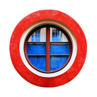 Round ship window with a vibrant red frame reflecting a blue sky and a wooden cross design adding a nautical touch png