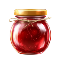 Round glass jar with a golden lid filled with homemade raspberry jam with tiny fruit seeds visible in the rich red spread png