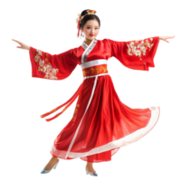 Woman in a flowing red and gold traditional dress gracefully dances with extended arms and elegant movement png