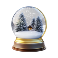 Snow globe with a golden base contains a winter scene with a small wooden cabin and snowcovered trees png