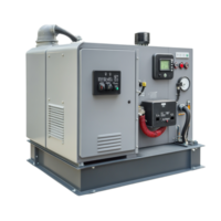 Industrial generator with a metallic gray exterior and multiple control panels is mounted on a base png