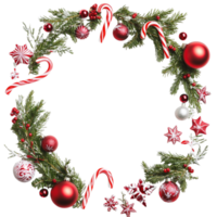 Festive wreath made of green pine branches is adorned with red baubles candy canes and small white flowers png