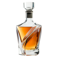 Exquisite glass decanter filled with amber whiskey featuring a twisted design making it a stylish bar accessory png