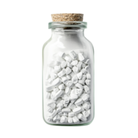 Glass jar with a cork lid is filled with white capsules and is placed on a plain white png