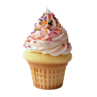 Vanilla ice cream cone topped with swirled frosting and colorful sprinkles creating a sweet and delicious treat png