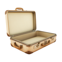 Vintage brown suitcase with a sturdy handle and metallic locks left open and ready for packing before a long journey png