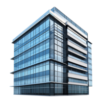 Modern glass office building stands tall with sharp angles and reflective windows png
