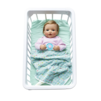 Tiny baby lies peacefully in a cozy crib wrapped in a soft blue blanket sleeping png