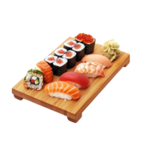 Wooden sushi platter with assorted rolls and sashimi looks fresh and delicious png