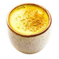 Golden milk in a ceramic cup with a frothy top infused with turmeric providing warmth and health benefits png