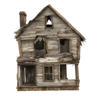 Old abandoned wooden house with broken windows and a collapsing roof creating a haunting and eerie atmosphere png