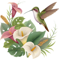 Flying hummingbird amidst vibrant tropical flowers and nature art. . png