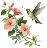 Nature-inspired hummingbird flying over colorful tropical flowers. . png