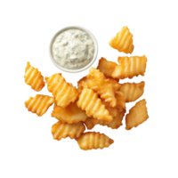 Delicious plate of crunchy fish and chips served with tartar sauce png
