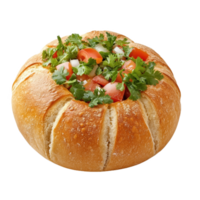 Deliciously filled bread bowl with fresh toppings and herbs ready to serve png