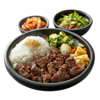 Savory bulgogi served with rice and fresh vegetables in a traditional bowl setting png