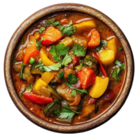 Traditional ajeb Ethiopian stew with vibrant vegetables and herbs in a rustic bowl png