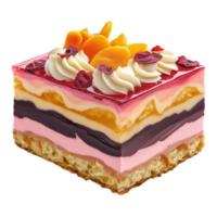 Kuskoki dessert showcasing vibrant layers and decorative toppings in a bakery display png