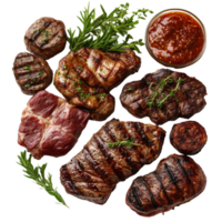 Grilled morso beef cuts garnished with herbs and sauce on a serving platter png