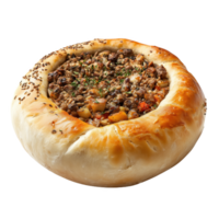 Delicious saj bread filled with savory meat and vegetables on a wooden table png
