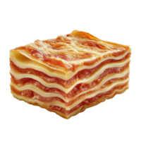 Delicious slice of layered lasagna on a clean white background png