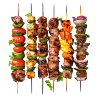 Assorted grilled skewers with meat and vegetables prepared for a summer barbecue png