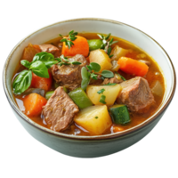 Rich and hearty beef stew with vegetables served in a rustic bowl png