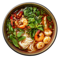 Delicious bowl of mi quang with shrimp and fresh herbs in a traditional setting png