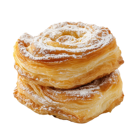Delicious flaky pastry layered with powdered sugar in a warm cafe setting png